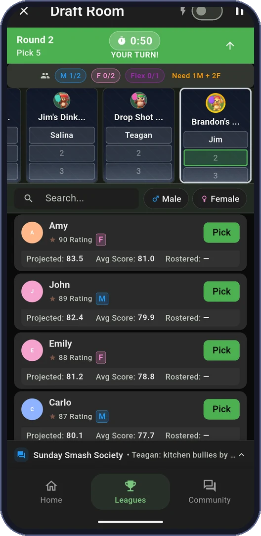 A live snake draft mid-pick — round 2, pick 5, timer running, with the draft board and available pros